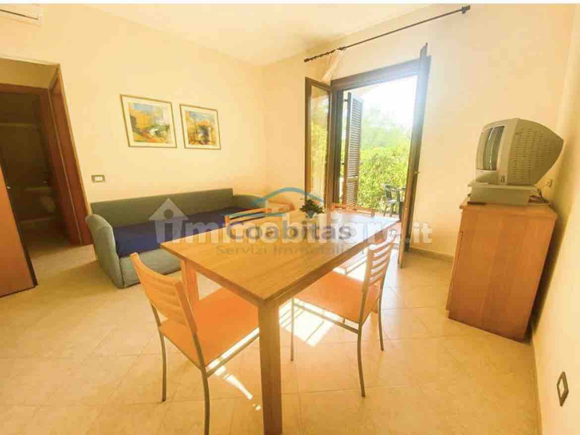 A living area features a wooden dining table with four chairs, complemented by a cozy blue sofa. Large windows allow natural light to fill the space, revealing views of the outdoor greenery. A small television sits atop a wooden cabinet in one corner.