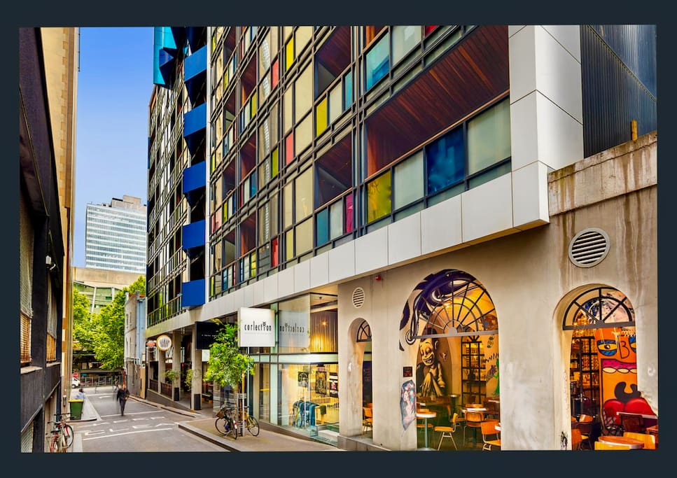 Groovy Laneway address, just off Bourke Street Mall, and in the centre of everything Melbourne! The front door is next to the smaller arch, and your balcony is one of those blue triangles!