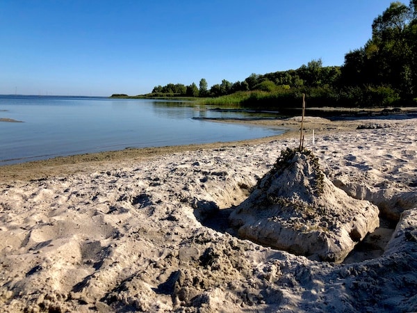 A sandy beach stretches along a calm lake, with gentle waves lapping at the shore. A small sandcastle, adorned with twigs, is positioned prominently in the foreground. Lush greenery and trees line the distant shoreline under a clear blue sky.
