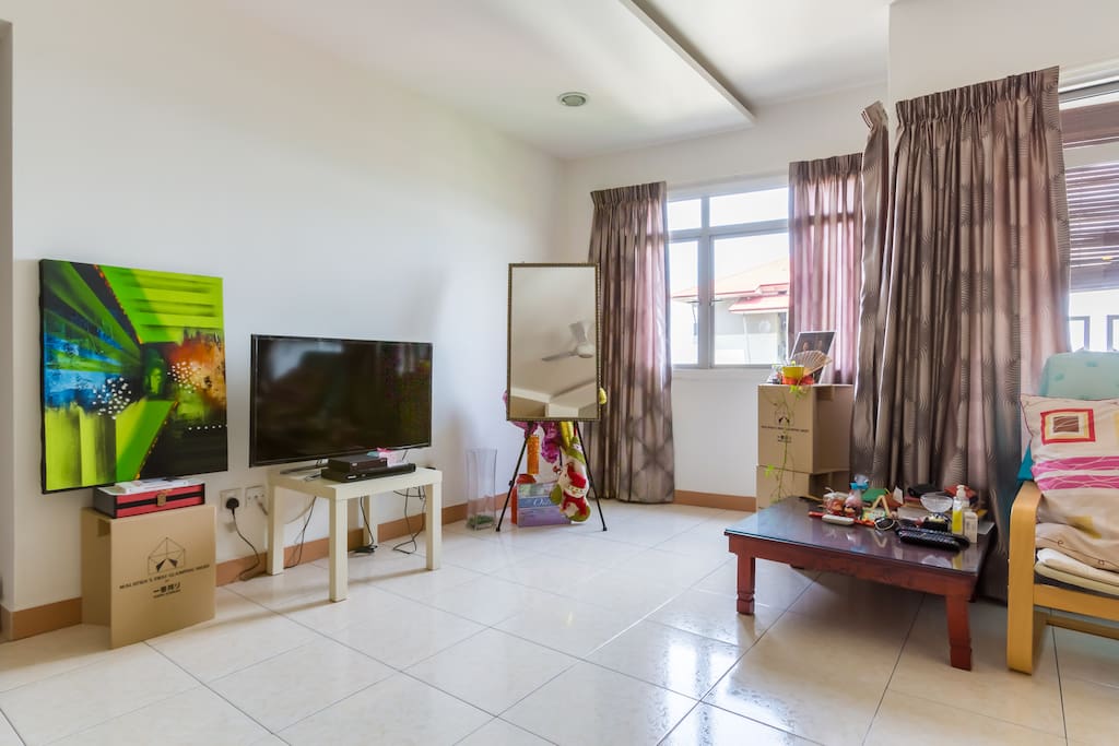 living area which comes with 1 tv, 1 dvd player, 1 aircond, 1 fan, 1 reading chair and sofa set