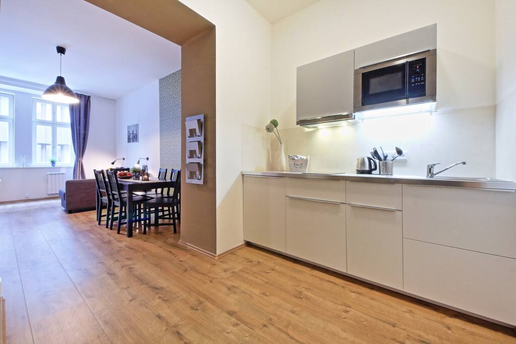 FRIDGE, MICROWAVE, STOVE, COFFEE MACHINE