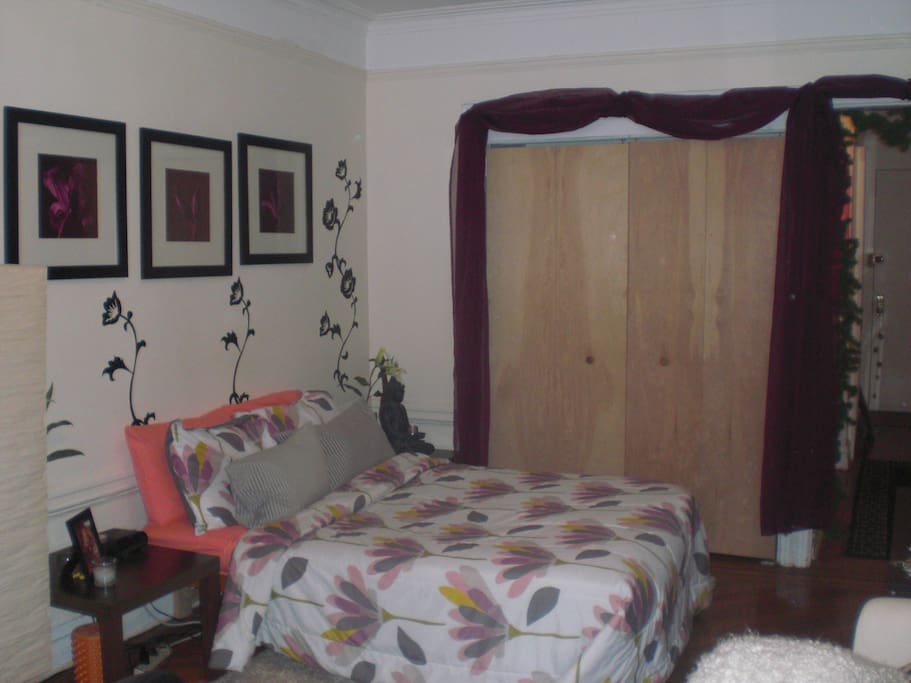 Full size bed with great closet space and full dresser.