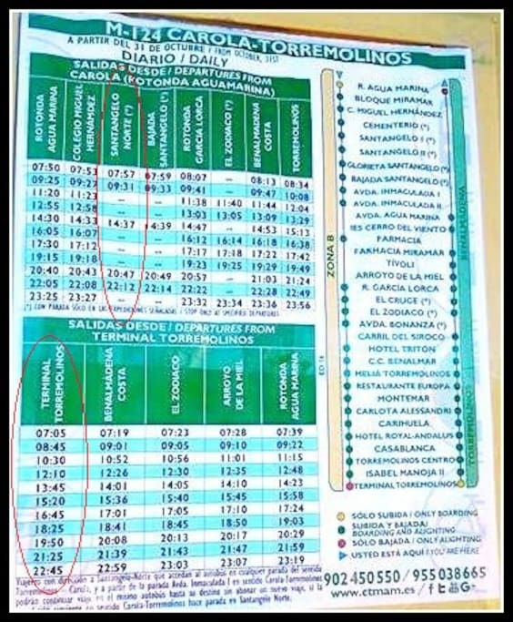 Departures from the flat SANTANGELO to Malaga Centre. If you dont catch the bus, there is a possibility go walking to the village Arroyo de la Miel by safe pavement (10minutes) and take other buss from the village to Malaga Centre.