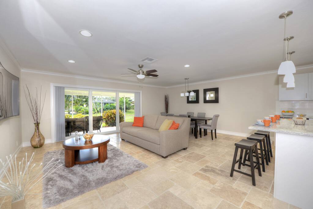 Open living, breakfast nook, view to greenbelt