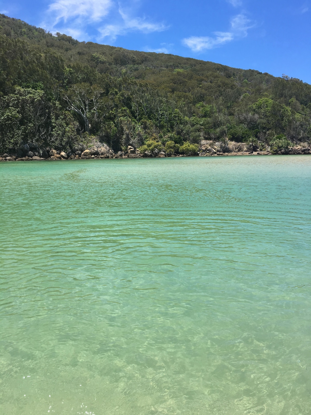 A serene body of water is depicted, featuring clear turquoise hues that reflect the sky. Lush greenery lines the shoreline, providing a natural backdrop along the gently undulating surface created by soft ripples. The landscape is framed by the sloping hills in the distance.
