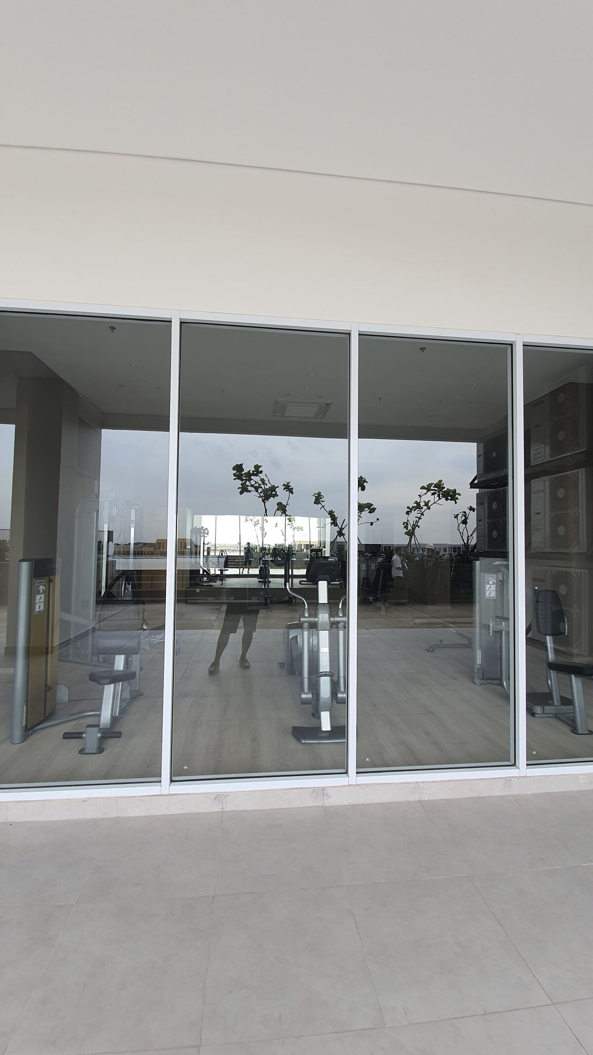 A fitness area is featured behind large glass panels, showcasing modern exercise equipment. Natural light is reflected off the glass, illuminating the space. Potted plants are positioned around the entrance, contributing to a refreshing environment.
