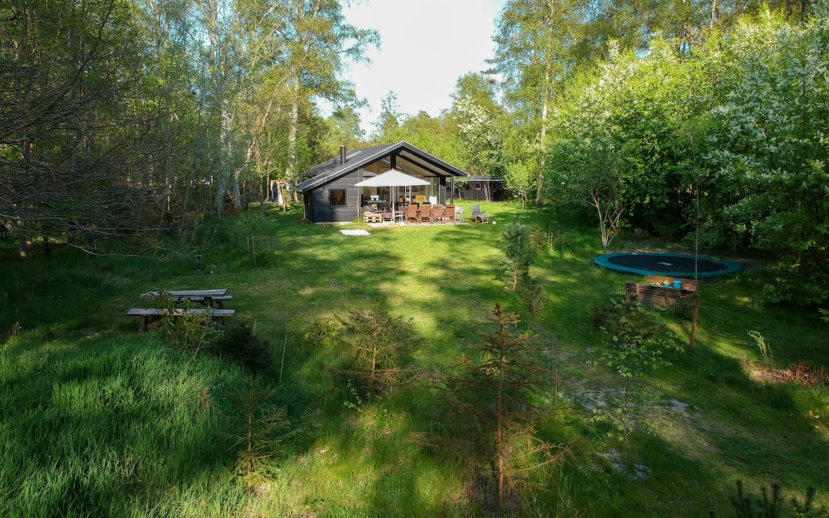 A spacious summer house is surrounded by lush greenery, featuring a large garden area with seating arrangements under a shaded patio. A trampoline and picnic tables are visible on the grass, creating an inviting space for outdoor activities.