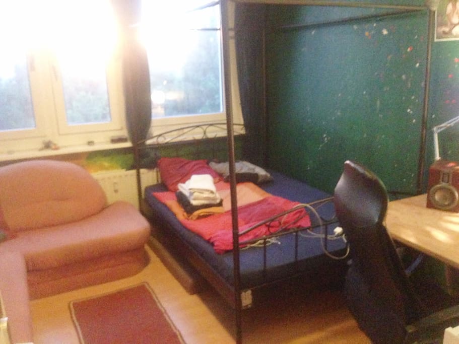 (1) Your cozy room with bed, big couch and, desk + desk chair for you to use