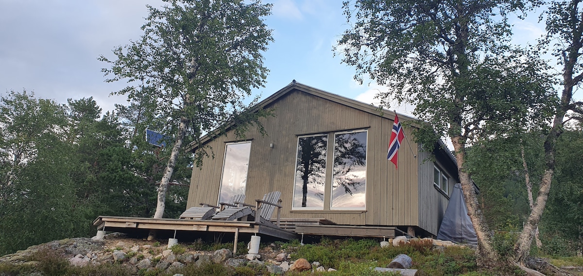 A simple cabin is situated in a natural landscape, featuring large windows that reflect surrounding trees and the sky. Two wooden chairs are placed on the front deck, and flags are visible, enhancing the cabin's rustic charm.