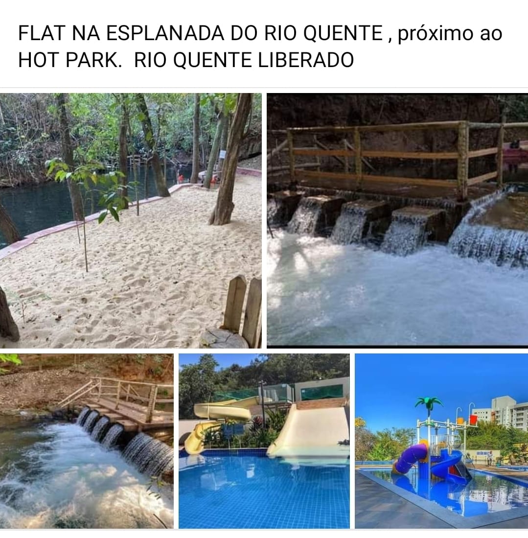 A serene riverside area features sandy sections alongside flowing water. A wooden walkway leads to a relaxing spot, while play structures are visible in a vibrant pool with water slides. Colorful water toys enhance the playful atmosphere, indicative of family-friendly fun.