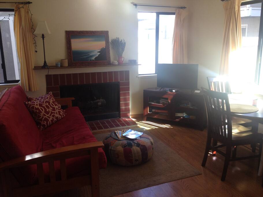 Downstairs living area and dining table.