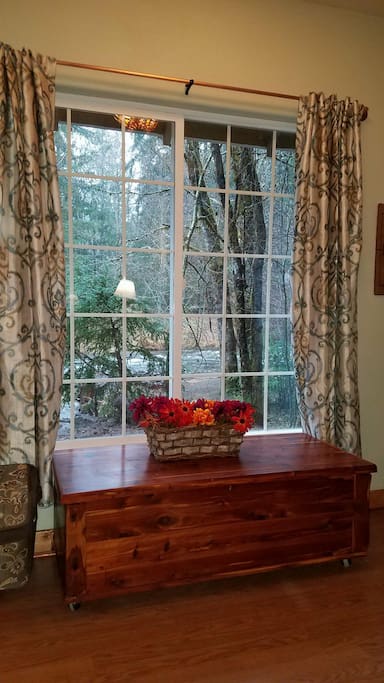 Relax in the cozy living room and watch the wildlife feed along side of Big Creek.