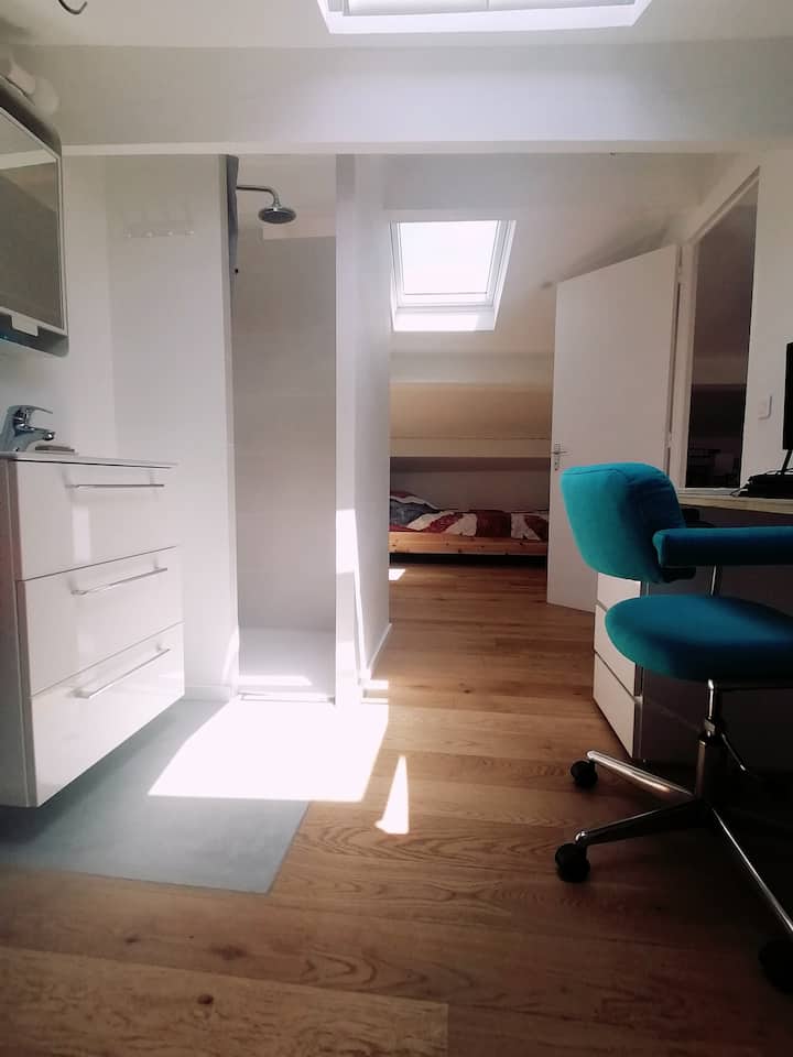 DORMITORIO #2 ARRIBA 
bajo los tejados con 2 veluxes.
2 camas individuales con baño privado (ducha y lavabo) y aire acondicionado.