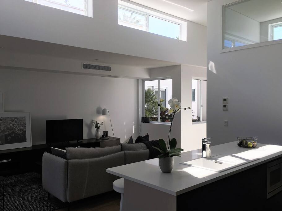 Streaming with sunlight through clerestory windows