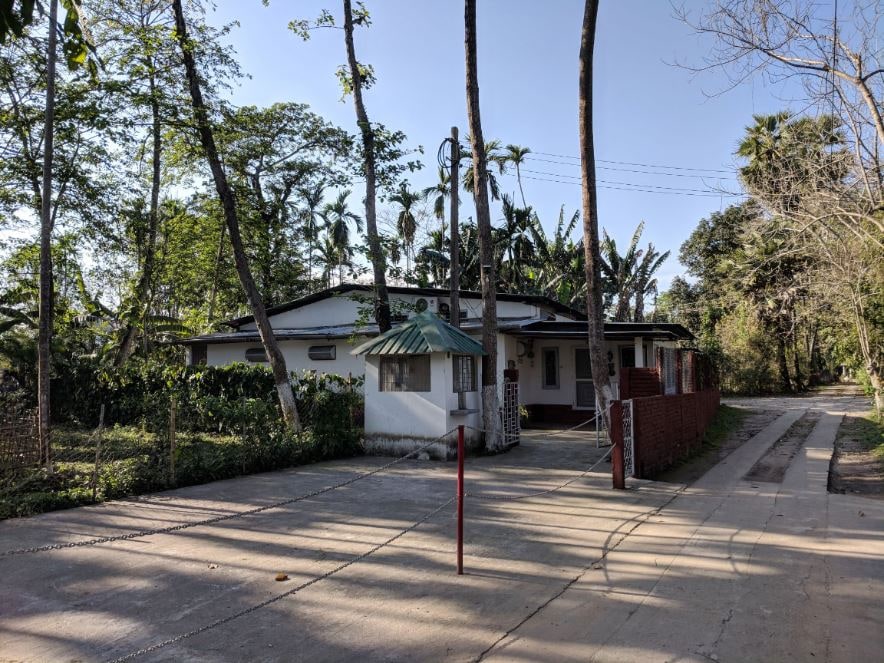The exterior of a single-story building is viewed, featuring a green-roofed entryway and a driveway lined with trees. Surrounding greenery provides a serene environment, while a fence partially encloses the property. A clear path leads away from the entrance, enhancing accessibility.