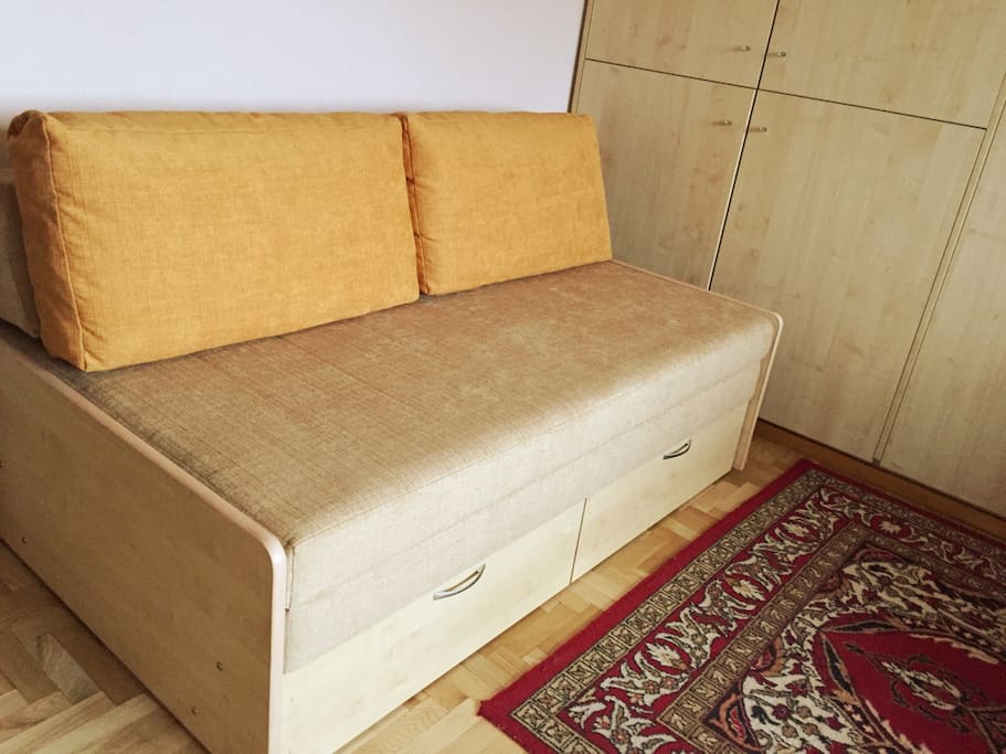The bed folds and can be used as a sofa.