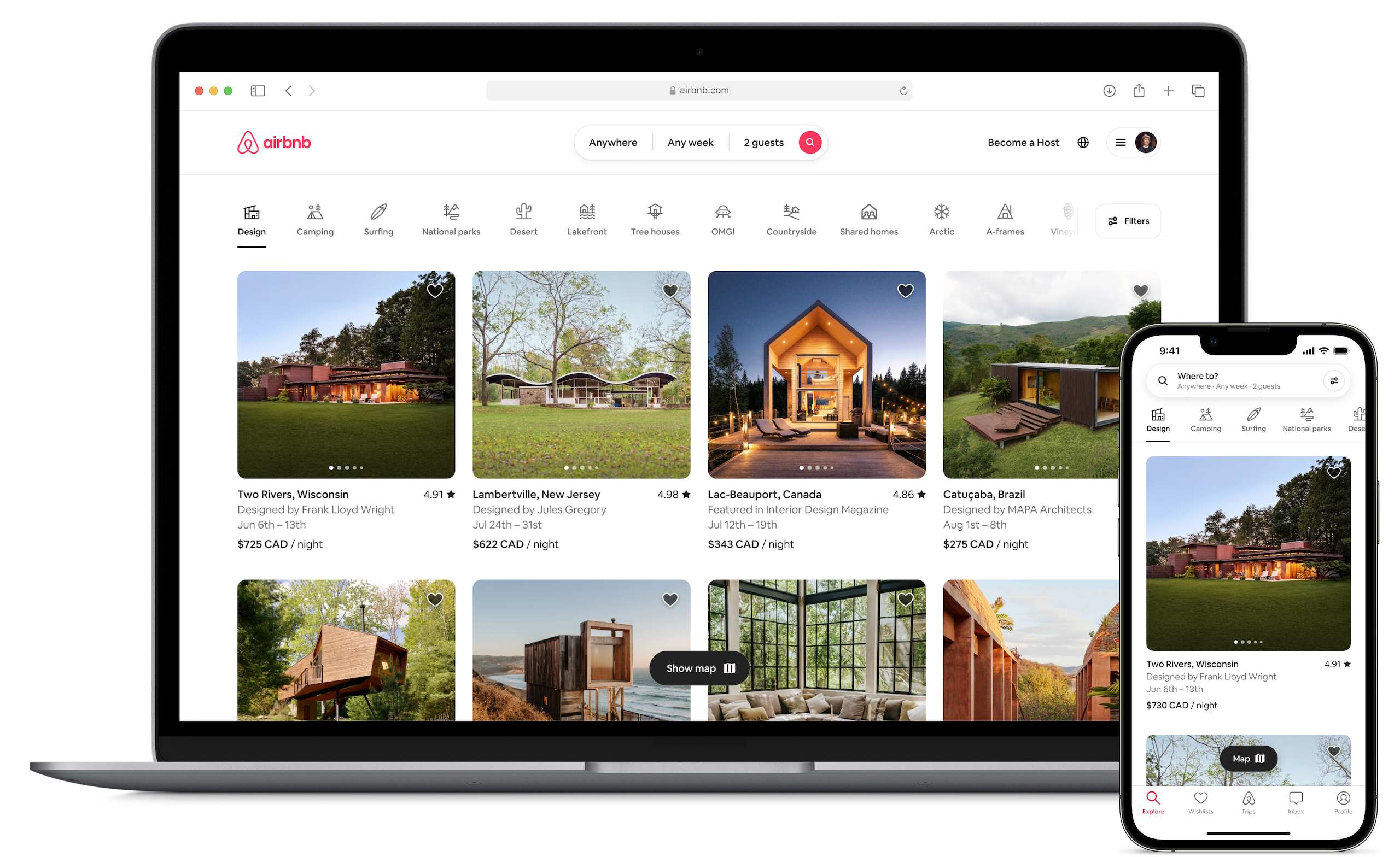 An open laptop and a cell phone display the new Airbnb homepage, where listing photos from Airbnb’s Design Category are displayed. A row of icons along the top of the page showcase the different categories a guest can explore.