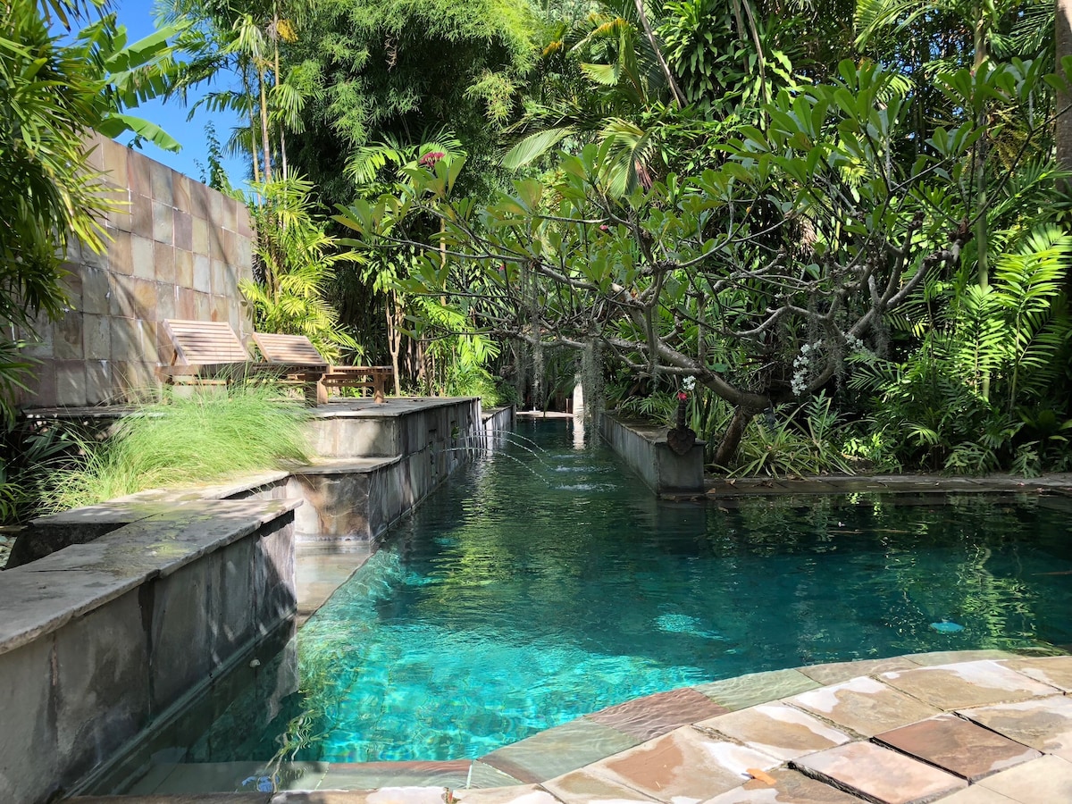 A serene swimming pool surrounded by lush greenery reflects turquoise water under natural light. The pool is framed by tropical plants and features a stone pathway along its edge, leading to sun loungers positioned nearby.