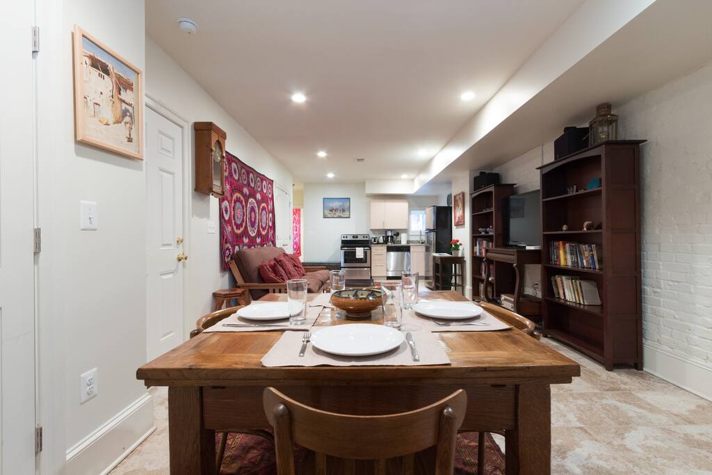 The main room has an open floor plan that allows you to cook, relax, listen to music, watch TV, and dine all without leaving the room.