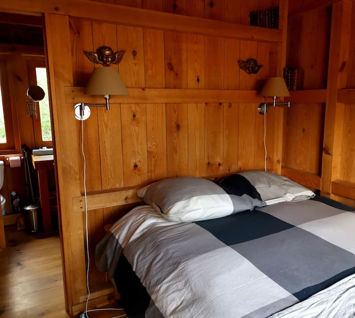 La chambre avec son lit queen size équipée d'une télé, accès direct à la salle de bains