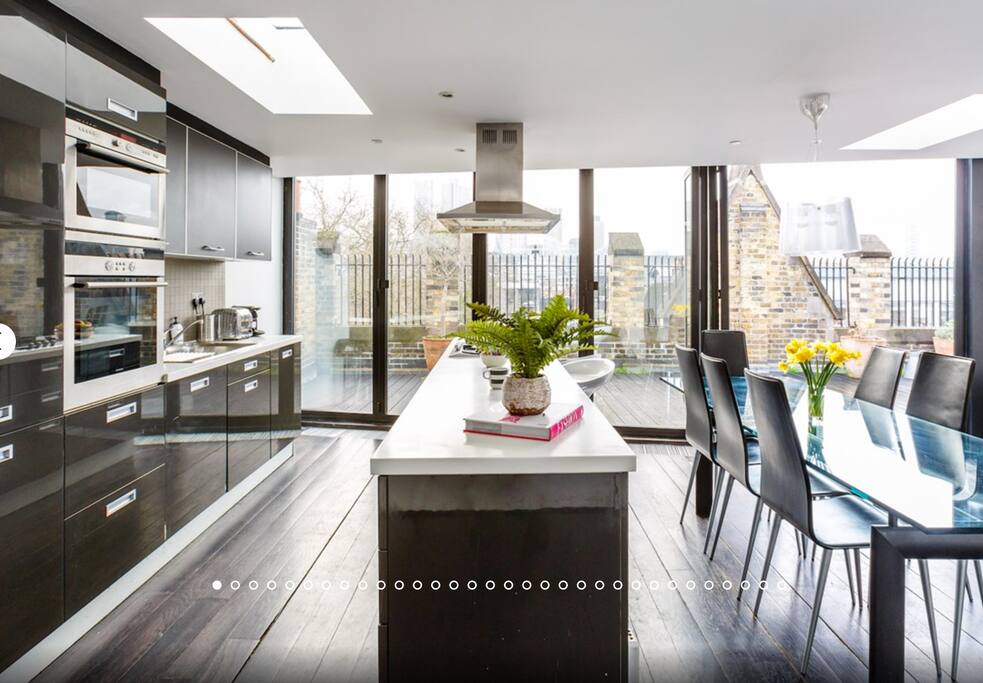 Modern kitchen looking out onto the rooftop views of Shoreditch