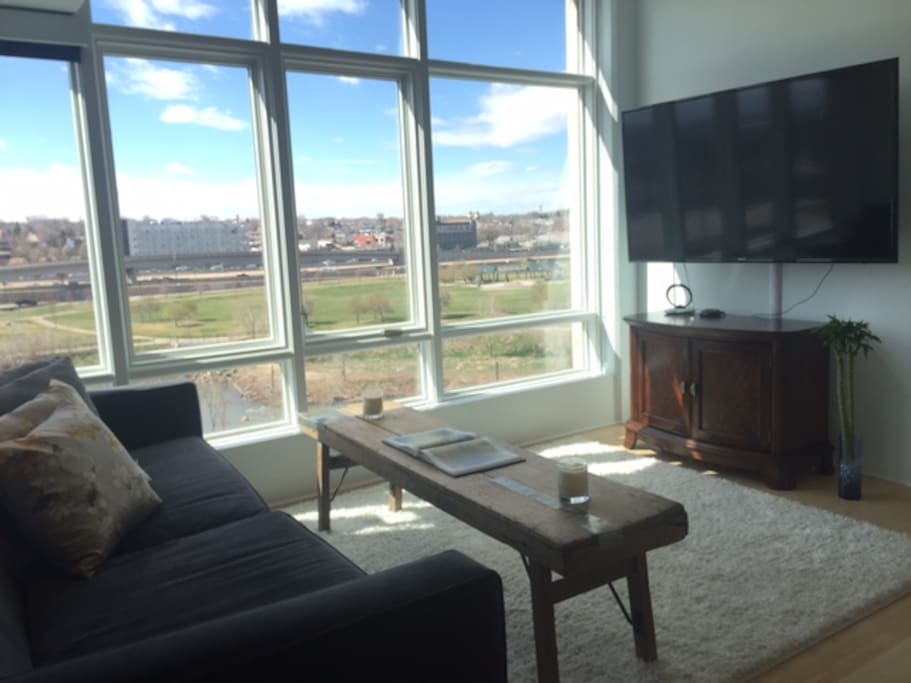 Family room with 55" TV, including Roku streaming of Netflix, Amazon, and rabbit ears for many channels