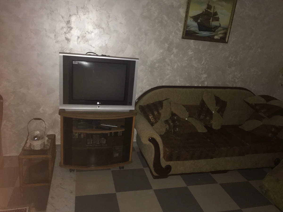 A living area features a traditional sofa adorned with decorative pillows, positioned next to a wooden TV stand. A television is set atop the stand, while an artwork depicting a ship hangs on the wall. The floor showcases a contrasting checkerboard pattern.