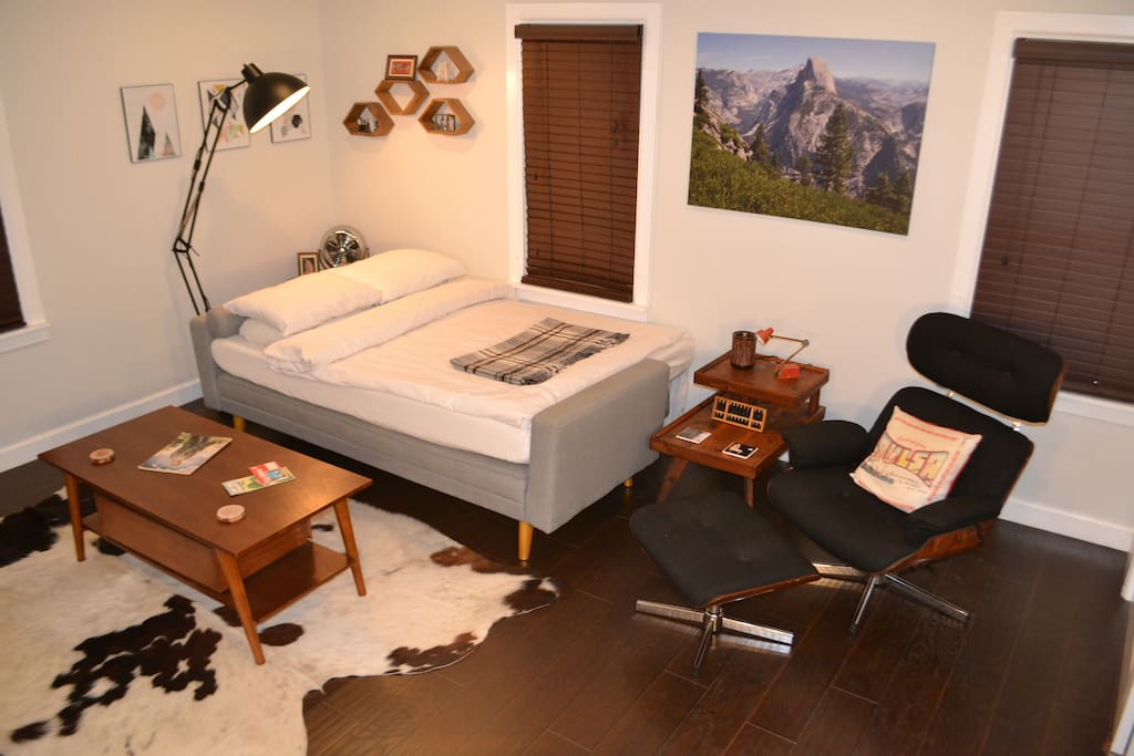 Sofa bed is full sized and has comfy 6"-thick memory foam mattress on top so it is like a regular full-sized bed. We can have mattress setup as shown before you arrive if you wish.