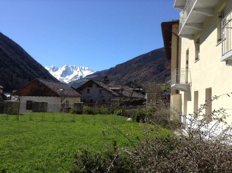 A view of surrounding mountains covered in snow is visible beyond a green lawn. Traditional alpine houses are seen nearby, framed by trees and shrubs. A clear blue sky enhances the serene landscape typical of the alpine region.