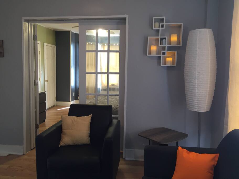 Living room with view of bedroom