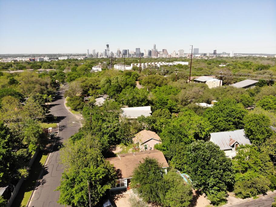 A five minute car ride to downtown Austin, ten minutes on a bike.