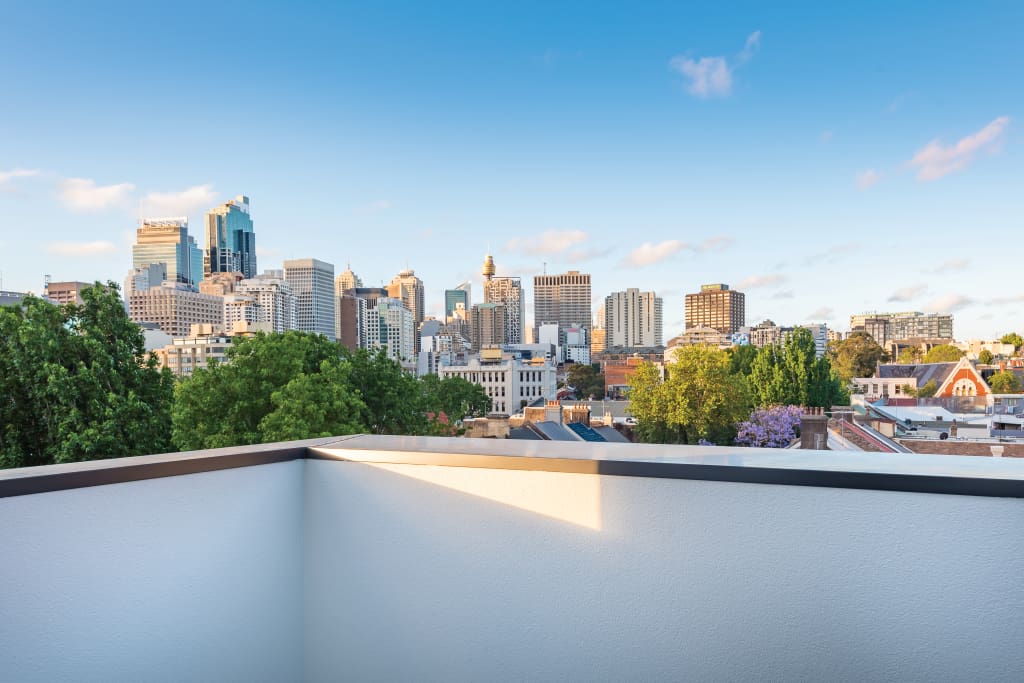 View of city skyline from balcony