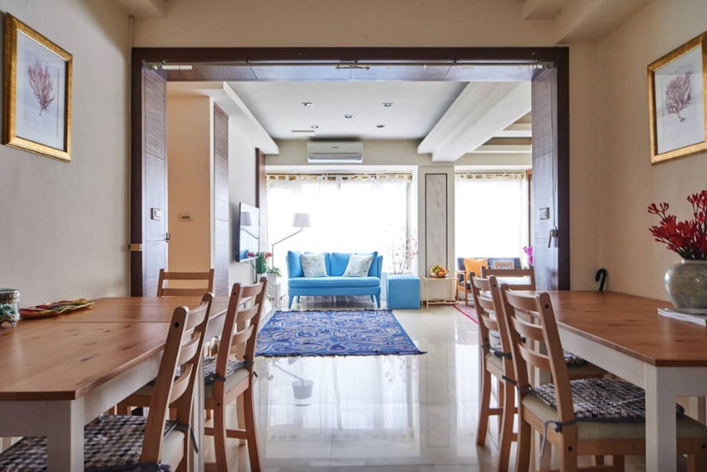 From the kitchen looking towards our living room, the tables can be separated for more guests