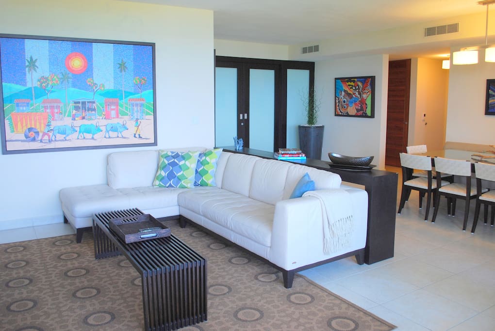 Ample living area with plush leather seating