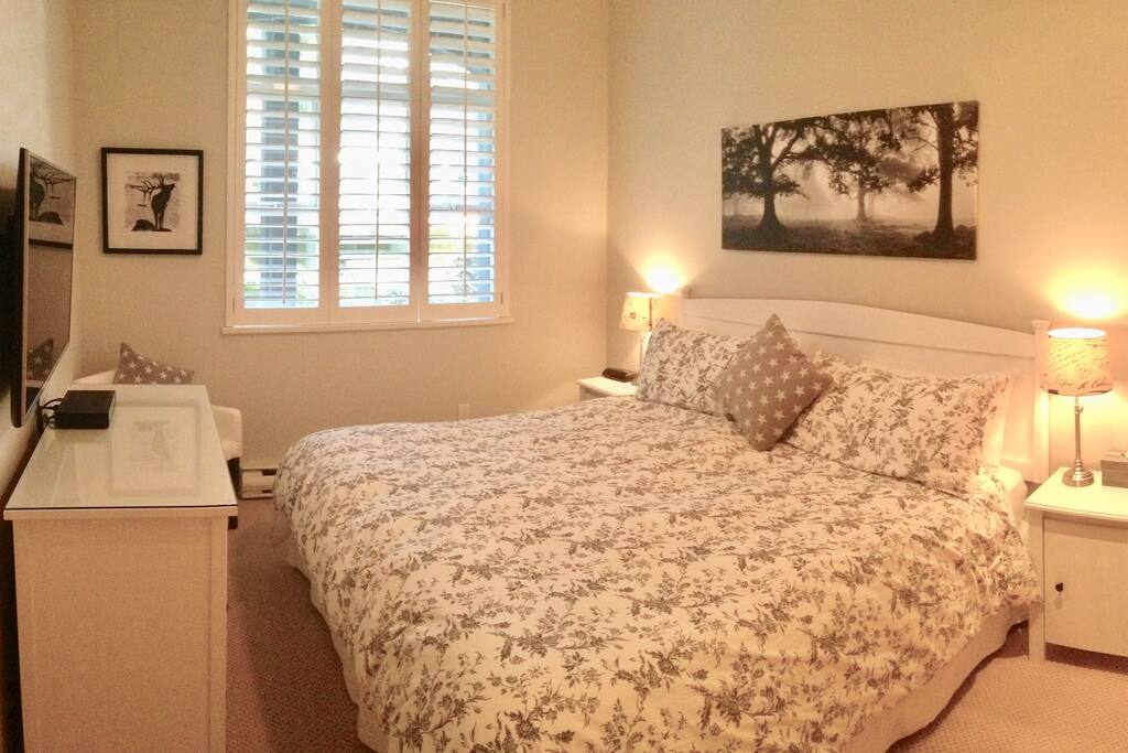 Bedroom - king bed with wall mounted flat screen TV, over head ceiling fan, ample closet space and drawers.
