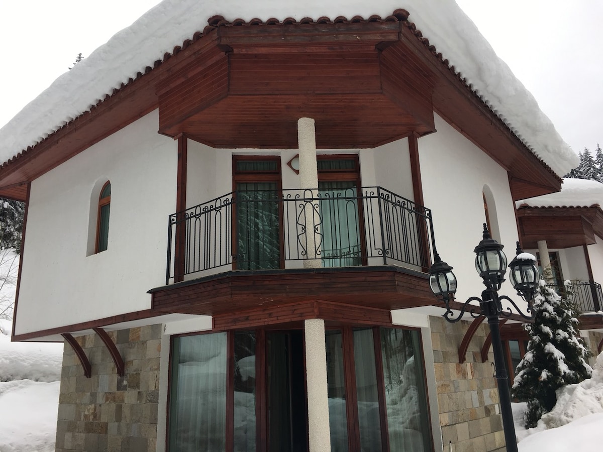 The villa features a charming balcony with decorative iron railings, accented by a stone facade. Snow blankets the roof and surrounding landscape, creating a serene winter scene. Two arched windows complement the balcony, which is supported by a central column.