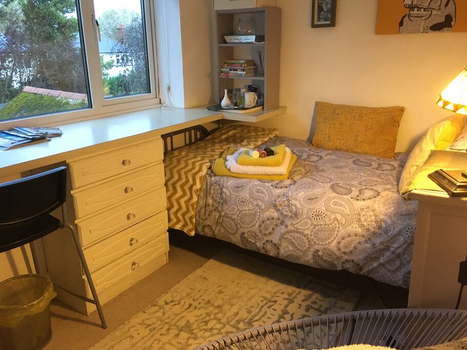 Bed in single room -window & desk overlooking garden
