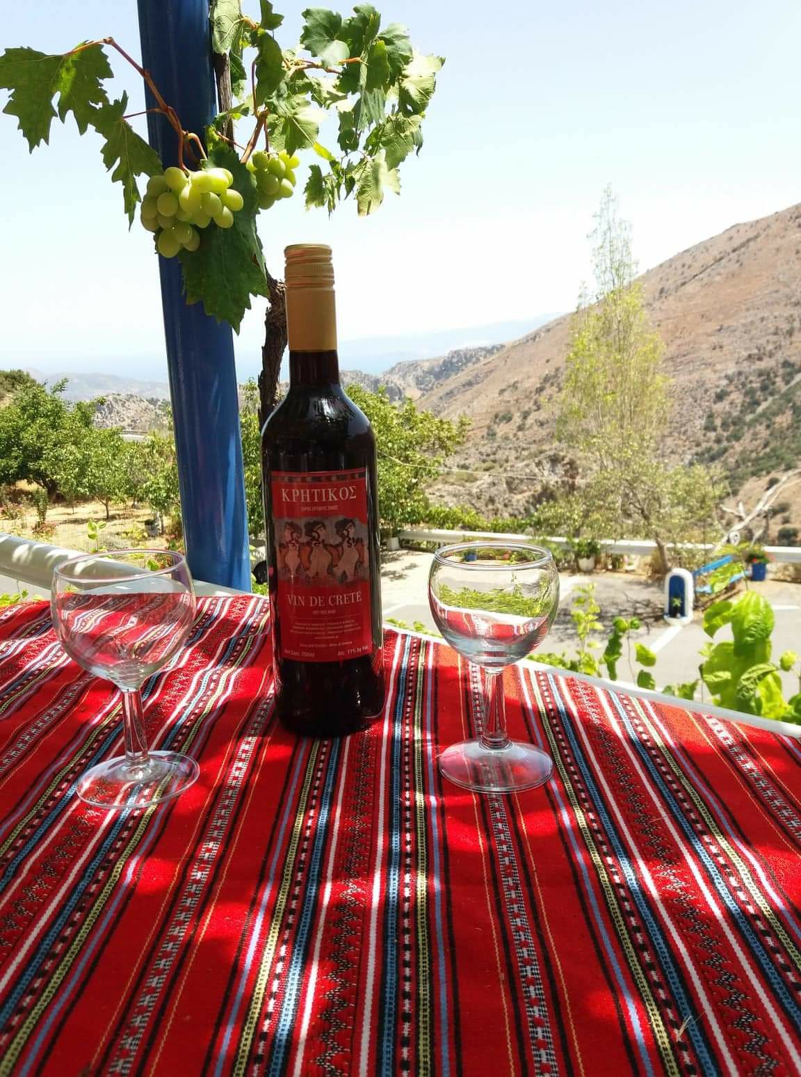 A bottle of local wine is displayed on a vibrant red tablecloth, accompanied by two empty glasses. The backdrop features rolling mountains and a clear sky, complemented by grapevines casting gentle shadows. Natural elements enhance the serene outdoor setting.