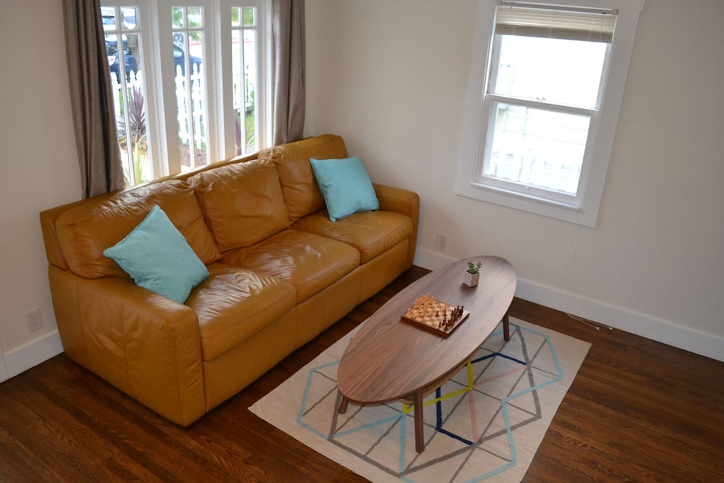 Living room with queen-sized foldout bed.