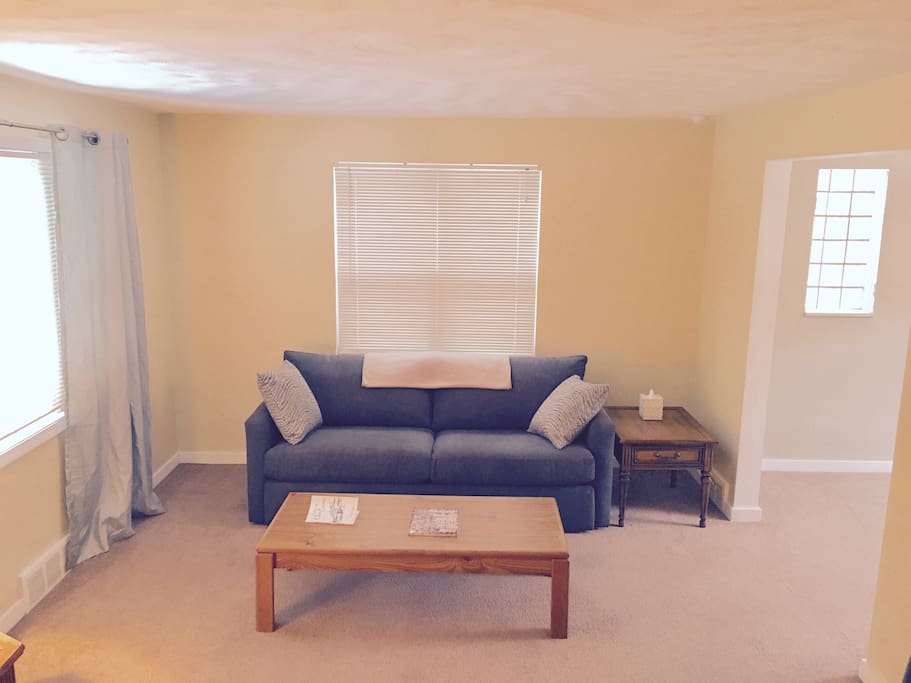 The living room sofa has a queen pullout bed
