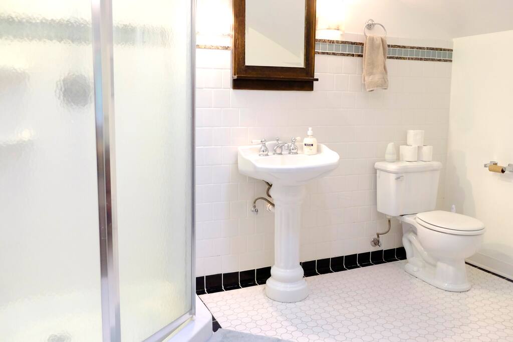 Clean fresh white tiled bathroom and shower