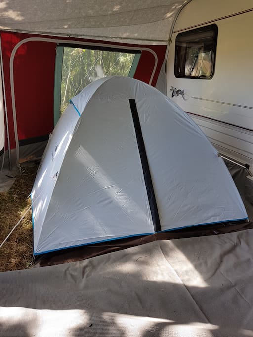 The blackout pod second bedroom, put up inside the awning.