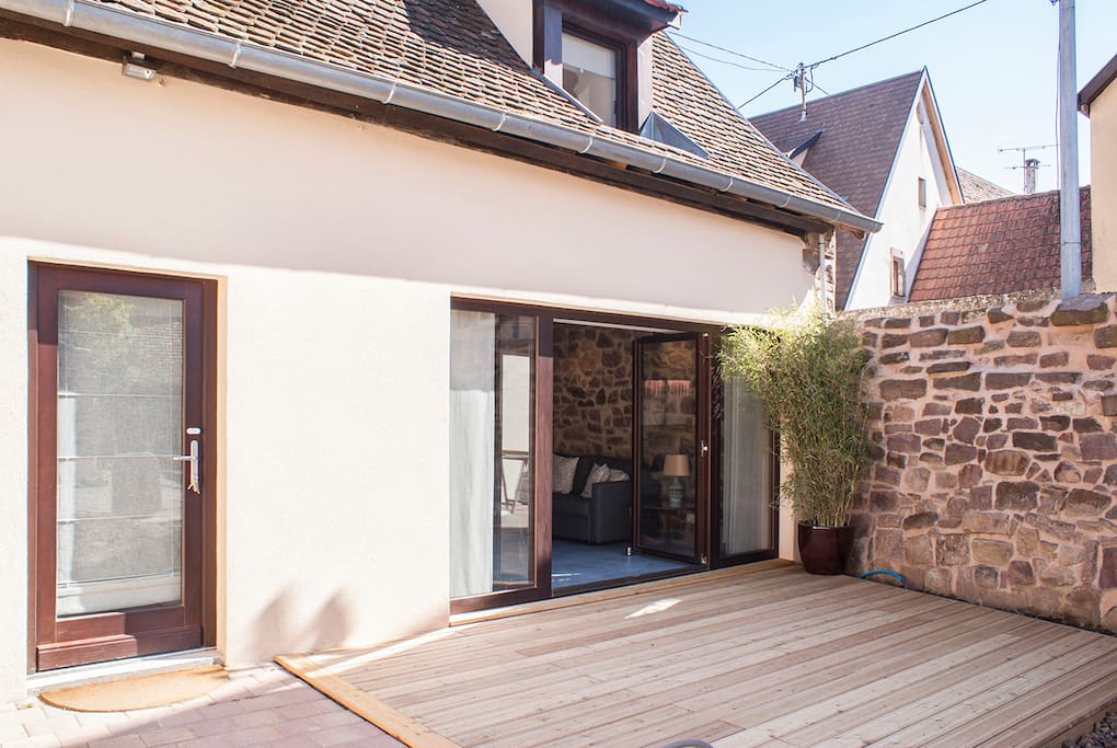 Decking at the front of the barn