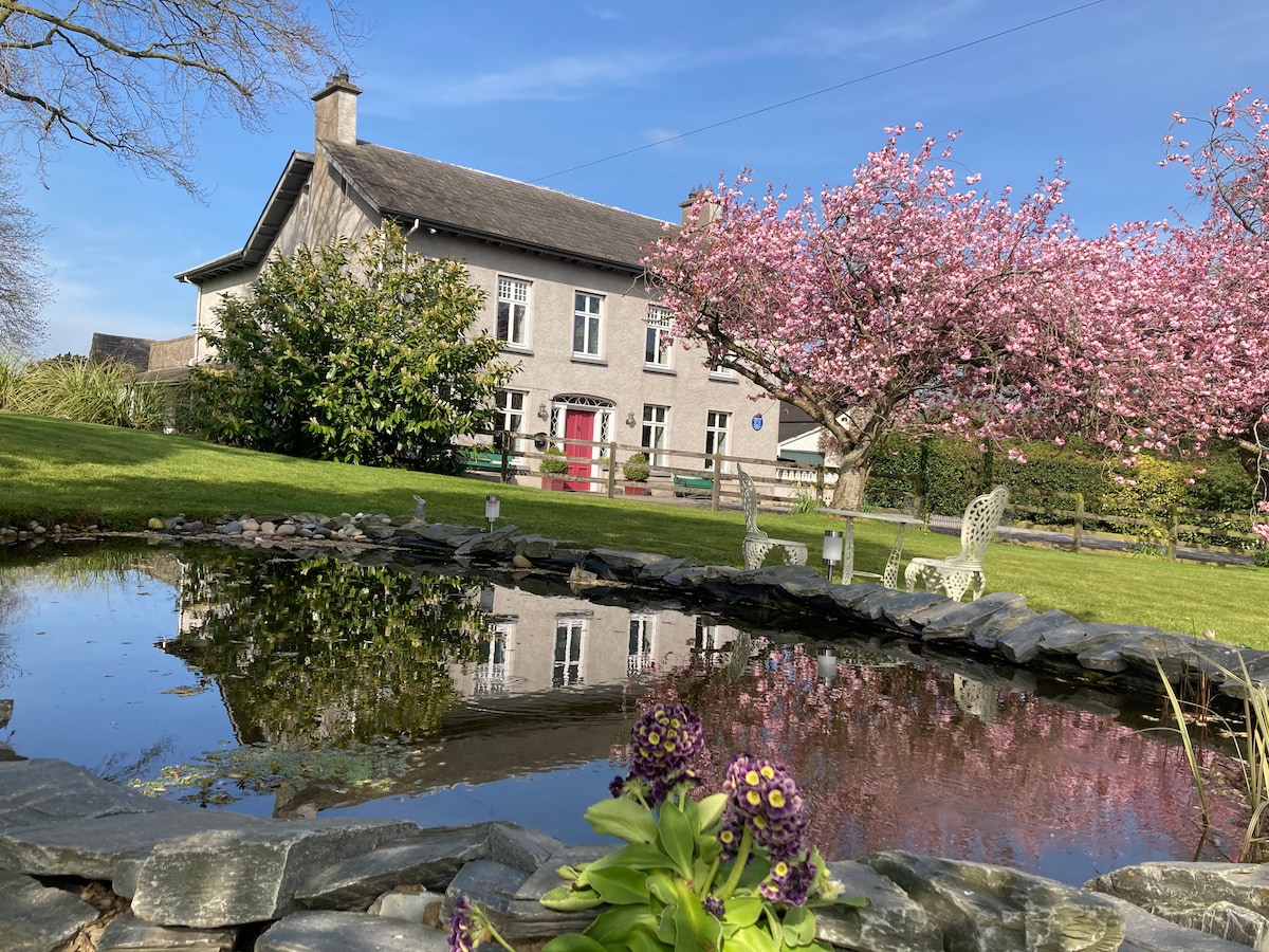 A Georgian house, framed by vibrant pink cherry blossoms, is reflected in a calm pond with a rocky edge. A lush green lawn surrounds the property, where two elegant chairs are positioned nearby, enhancing the tranquil rural atmosphere.