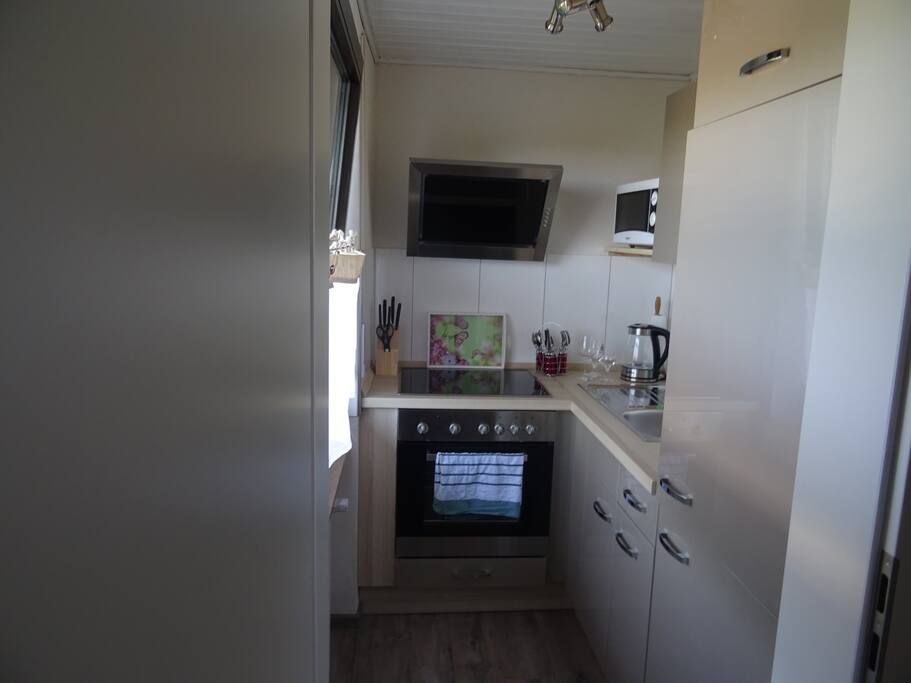 Küche mit Herd, Backofen, Microwelle, Kühlschrank