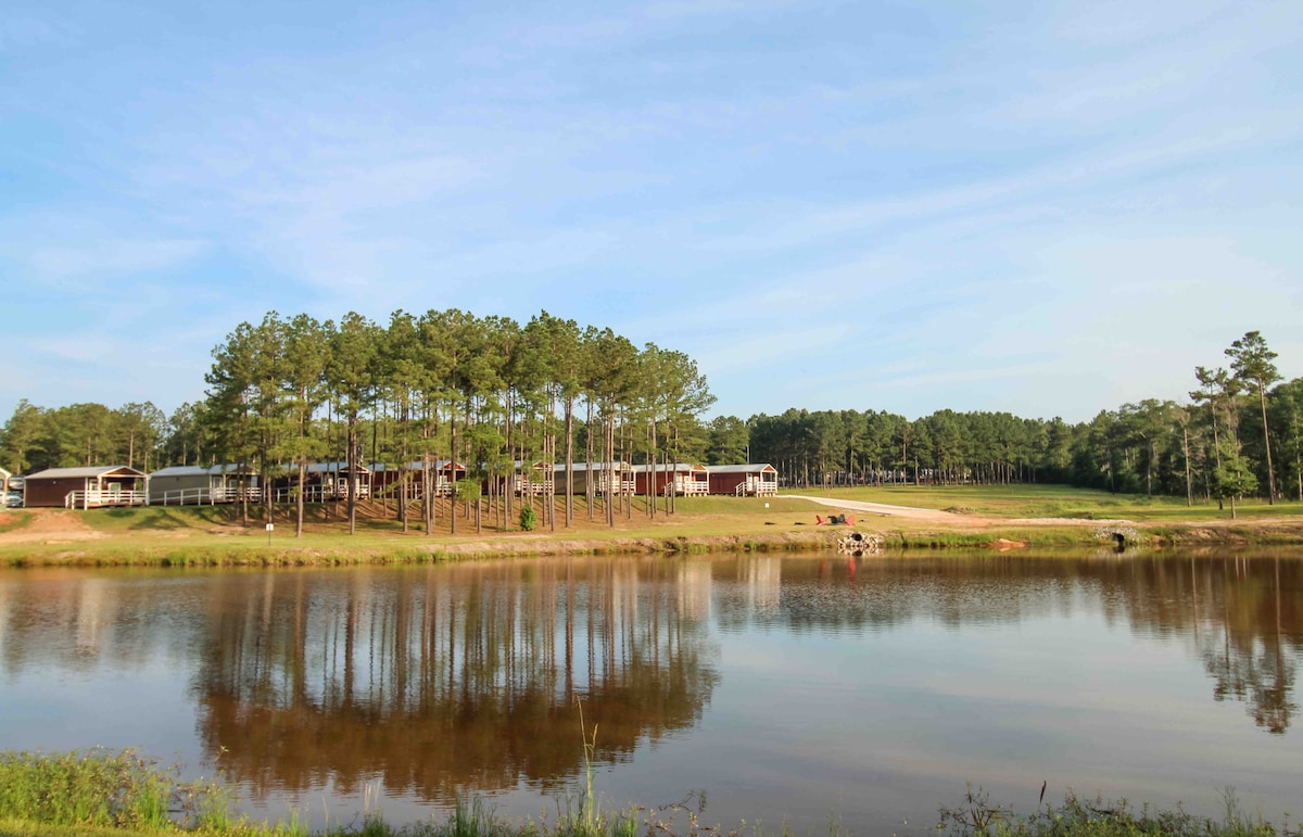 A calm lake reflects the surrounding greenery and cabins nestled among tall pine trees. The shoreline is visible, with guests seen relaxing and enjoying the natural landscape. The image captures a tranquil atmosphere, ideal for outdoor activities.