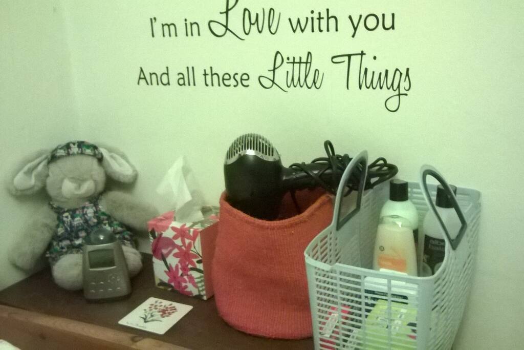 A basket of shampoo, shower gel,and other little things you may need.