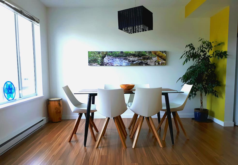 Dining room, with panoramic photo of nearby Holland Creek. Your breakfast (options are a blackberry smoothie, oatmeal with apples, or my homemade soda bread and blackberry jam, plus coffee or tea) is served here.