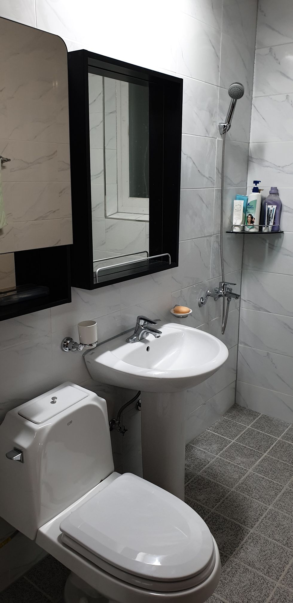 The bathroom features a modern design with marble-patterned tiles. A white pedestal sink is positioned next to a compact toilet, with a large mirror above the sink. A showerhead is mounted on the wall, accompanied by a shelving unit holding various toiletries.