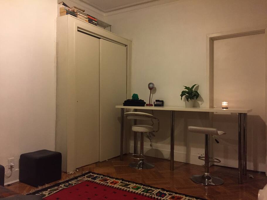 Desk for remote working or eating something out of your personal mini fridge! Double wardrobe for clothing and storage.